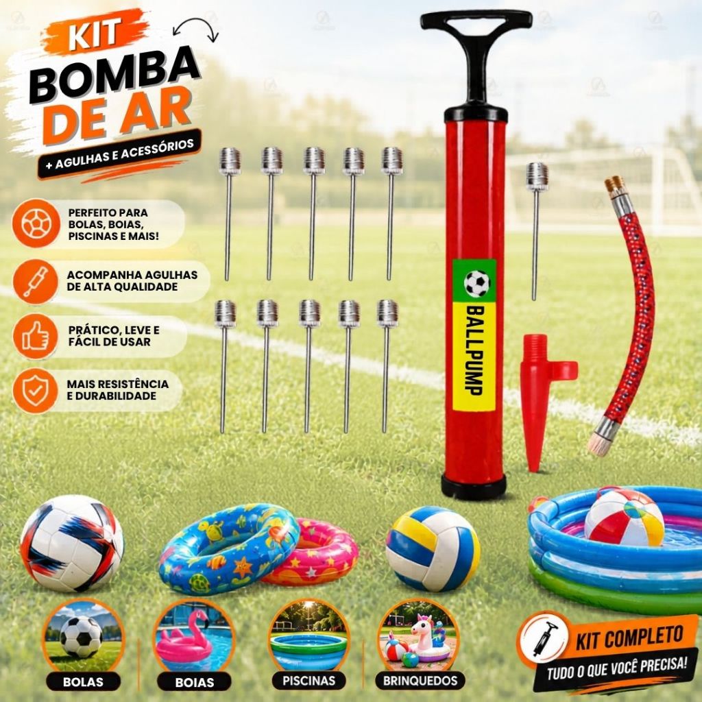 Bomba de Ar c Acessórios + 10 Bicos de Metal p/ Encher Todo Tipo Bolas Bico Encher Infláveis Piscina