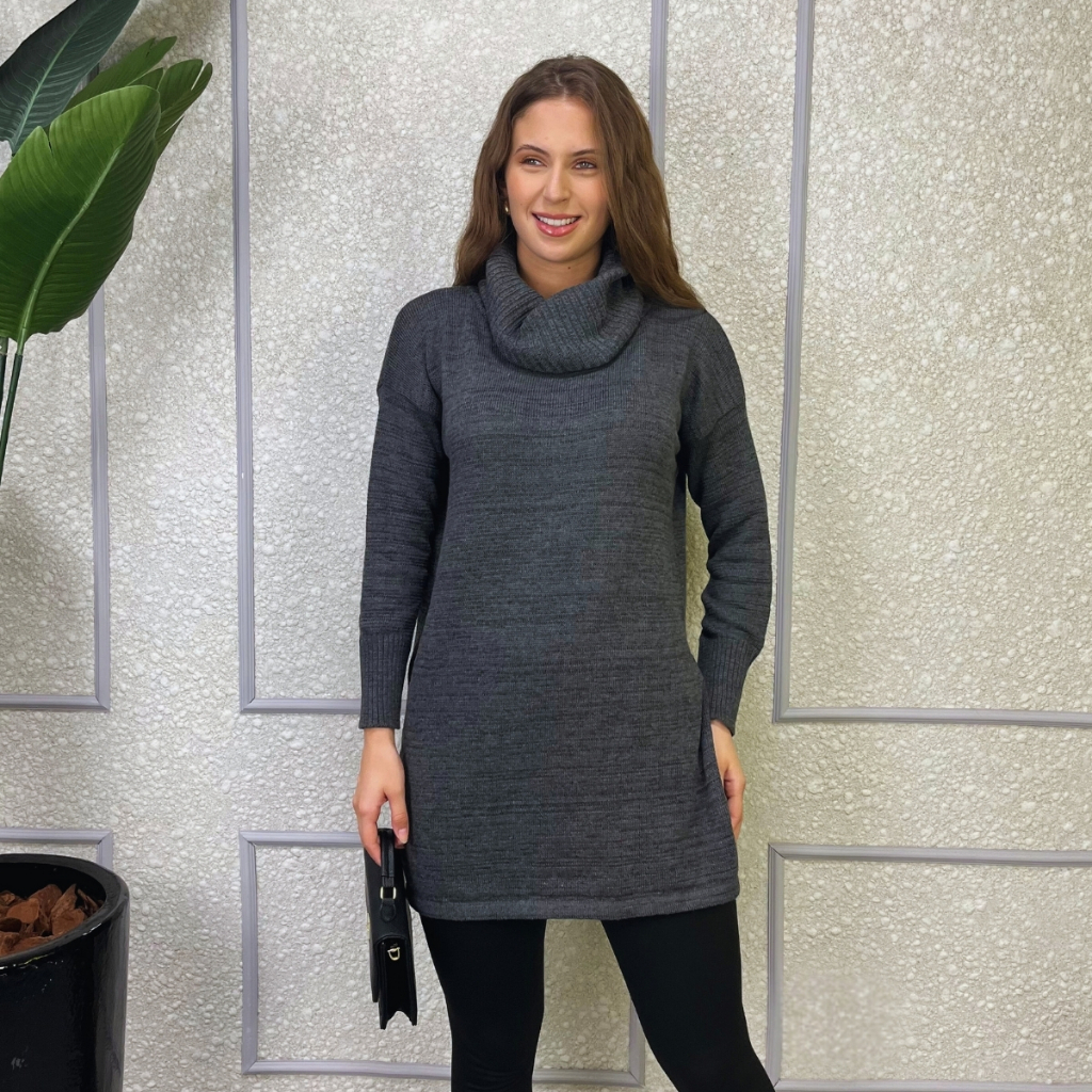 Poncho Feminino Manga Longa Inverno Gola Alta Malha Elastano Poliéster