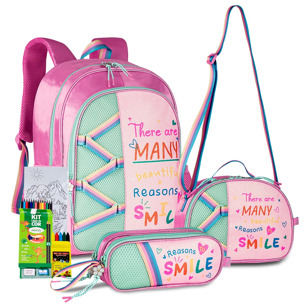 Kit Mochila Estojo Lancheira Clio Kids 2026 Nova Coleção Happy Meninas Linda Escolar