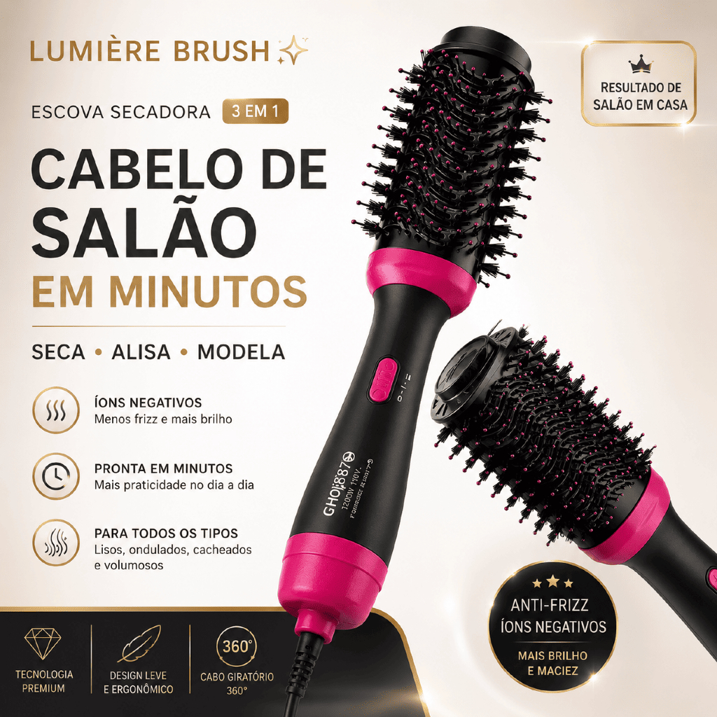Escova Secadora Alisadora 3 em 1 Lumière Brush 110V Anti Frizz Íons Negativos Seca Alisa Modela