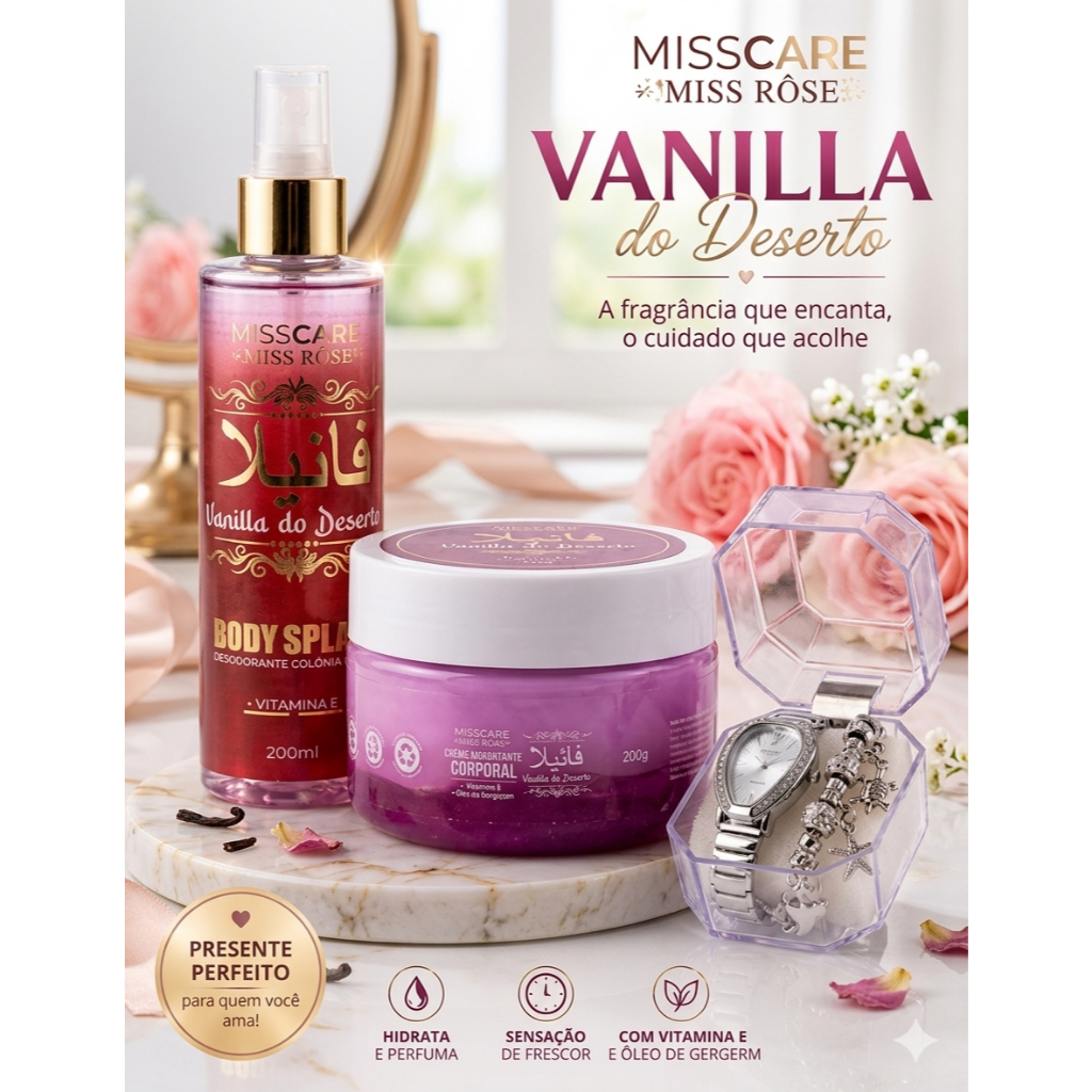 Body Splash Vanilla do Deserto Miss Care Hidratante 200ml Relógio e Pulseira