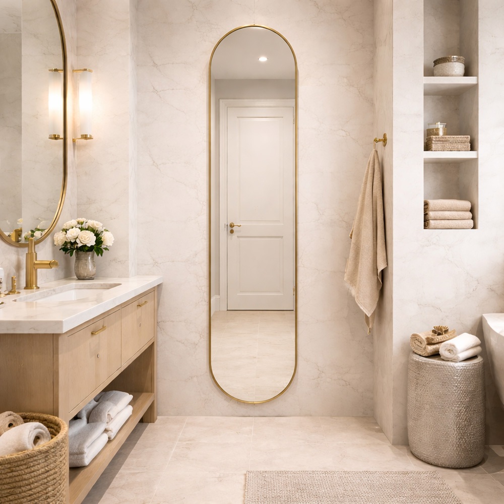 Espelho Grande Corpo Inteiro Oval Luxo Capsula Pilula 160x38cm Moldura Couro Sala Quarto Banheirio