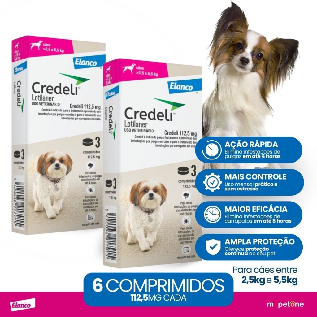 Kit 2 Antipulgas e Carrapatos Elanco Credeli para Cães de 2,5 a 5,5 Kg 112,5 mg - 3 Comprimidos