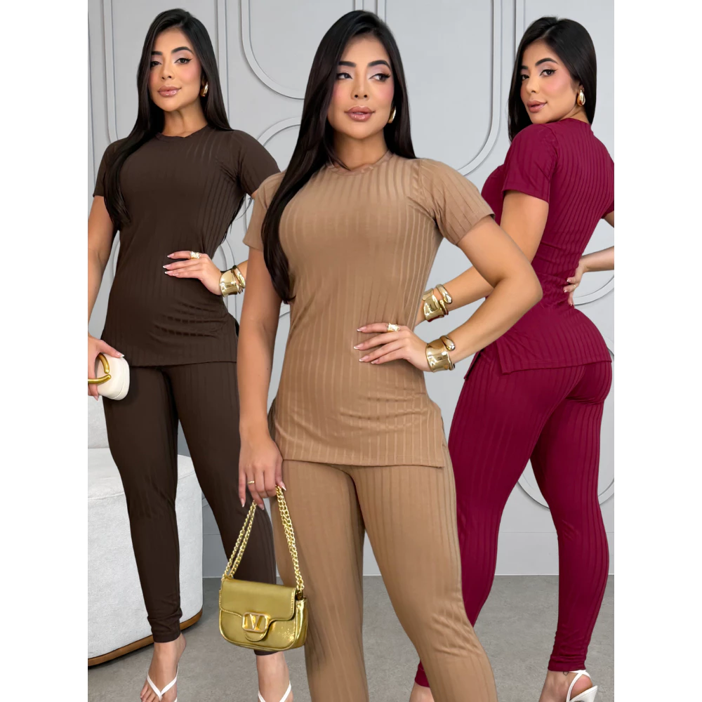 Conjunto Elegante Canelado Com Elasticidade Premium Blusa Com Fenda Lateral e Calça Com Bolso Frio — imagem 1