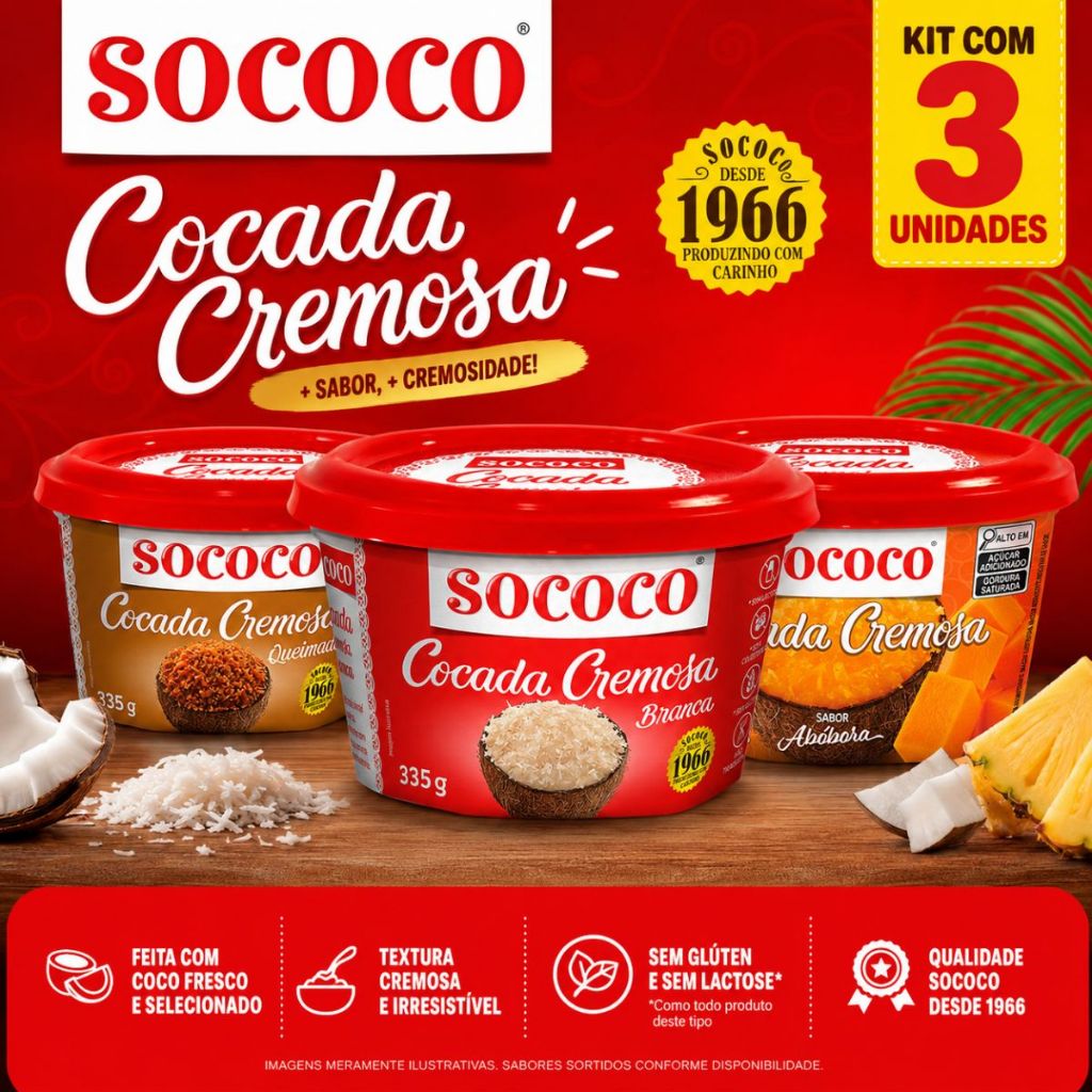 Pack 3un Cocada Cremosa Doce Sococo Coco Queimado, Coco Branco, Coco com Abacaxi ou com Abóbora 335g