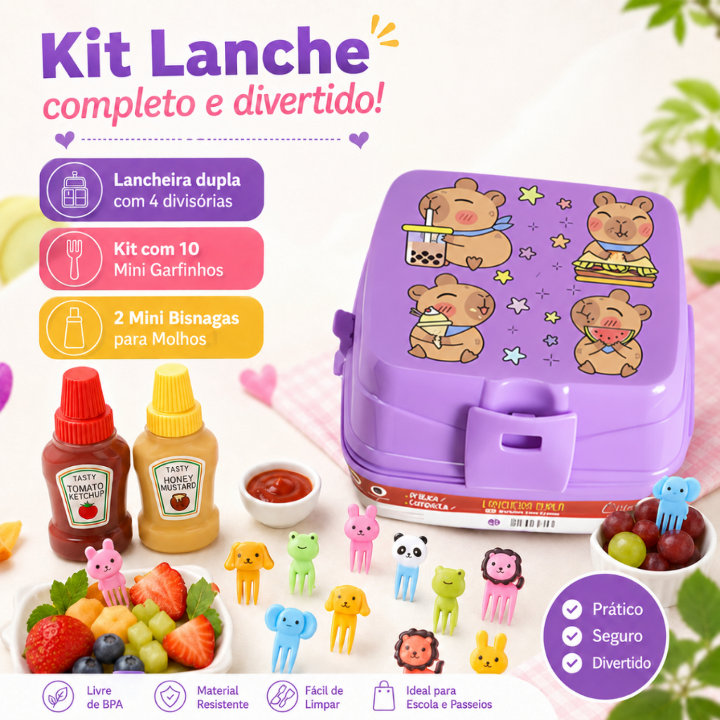 Lancheira Escolar Safari Com 10 Garfinhos e 2 Mini Bisnagas
