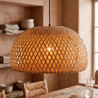 Lustre Pendente  Fibra Bambu Artesanal 45cm Meia Cúpula Rústico Natural Decoração Sala Mesa Jantar