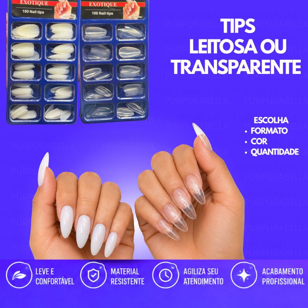Kit 100 200 300 400 500 Tips Unhas Postiças Bailarina Almond Natural Branca Leitosa Transparente