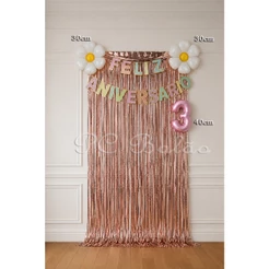Kit 5 : Balão Metalizado n°40CM 1 FAIXA COLORIDO ( FELIZ ANIVERSÁRIO) 2 MARGARIDA 1 CORTINA ROSE GOLD