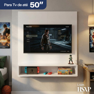 Painel Para Tv Sala/Quarto Até 50 Polegadas PLAY Com Prateleiras e Nichos Areas Casa Cor Branca