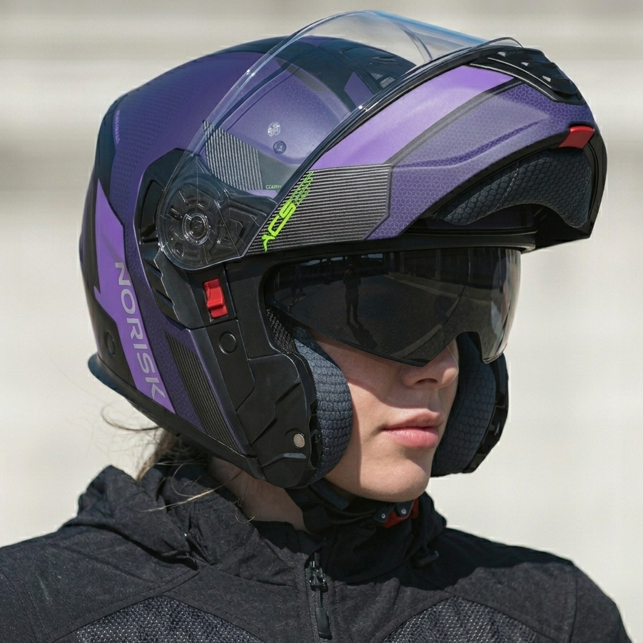 Capacete Norisk Vortex Traveler Articulado Escamoteável Robocop Feminino Masculino Preto Roxo
