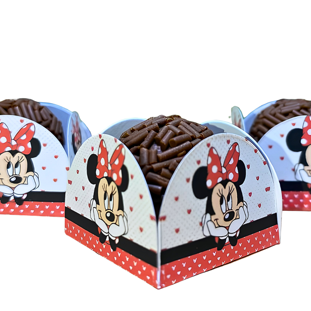 200 forminhas personalizadas 4 pétalas de docinho brigadeiro festa aniversário Minnie vermelha