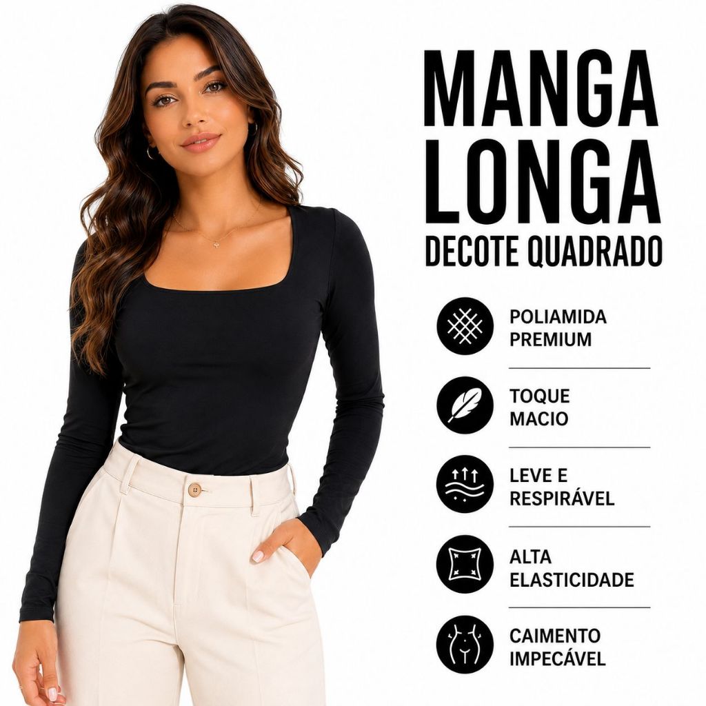 Blusa Manga Longa Decote Quadrado Feminina Confortável Suplex Casual Básica Promoção