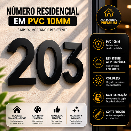 Números Residenciais Letras 3D Caixa Alta em Plástico Preto Branco | Casa Comércio com 1 a 3 Uni Fachada Endereço