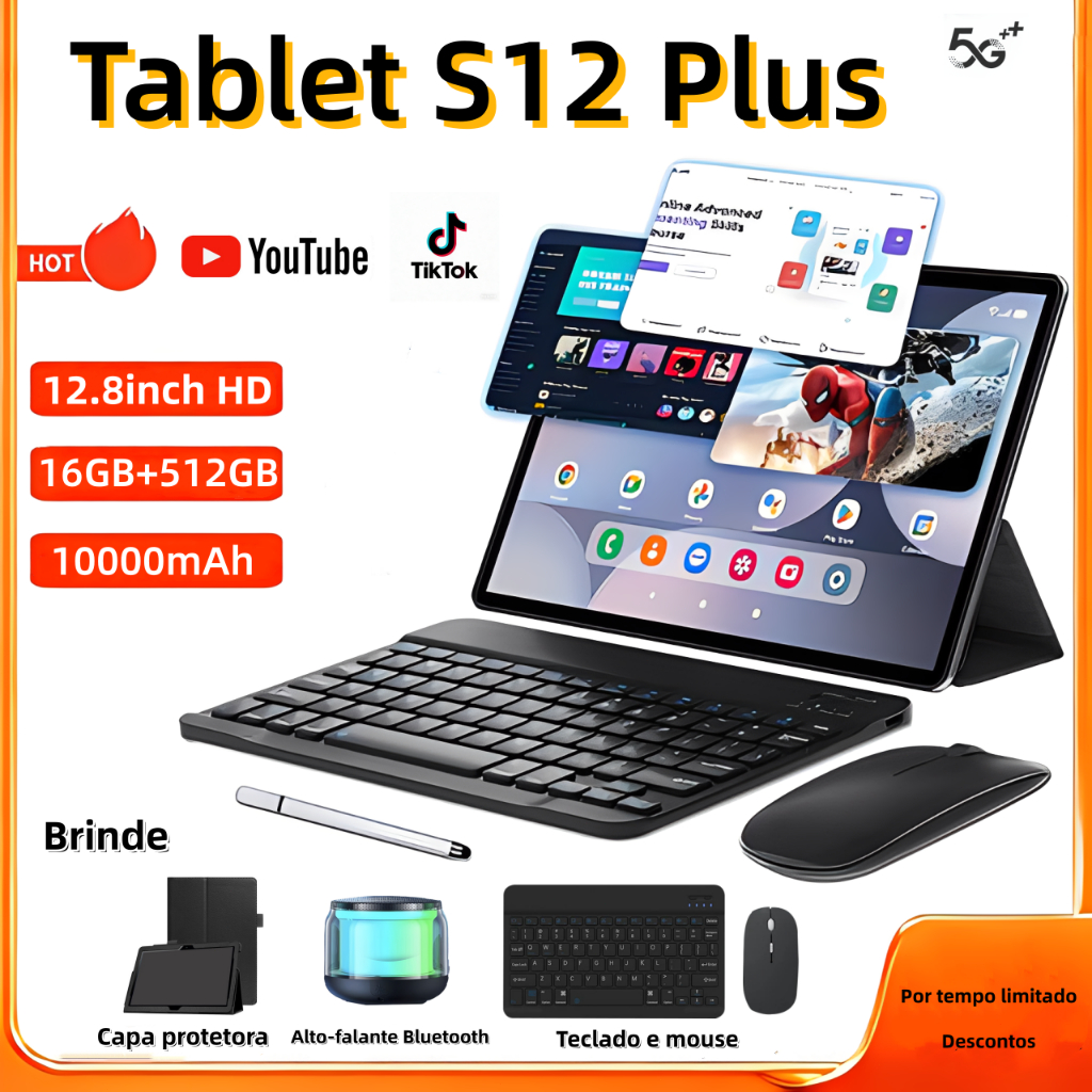 【Teclado, mouse e alto-falantes gratuitos】 Tablet  S12 Plus de 12,8 polegadas 16 GB + 512 GB, 8800 mAh, Android 5G