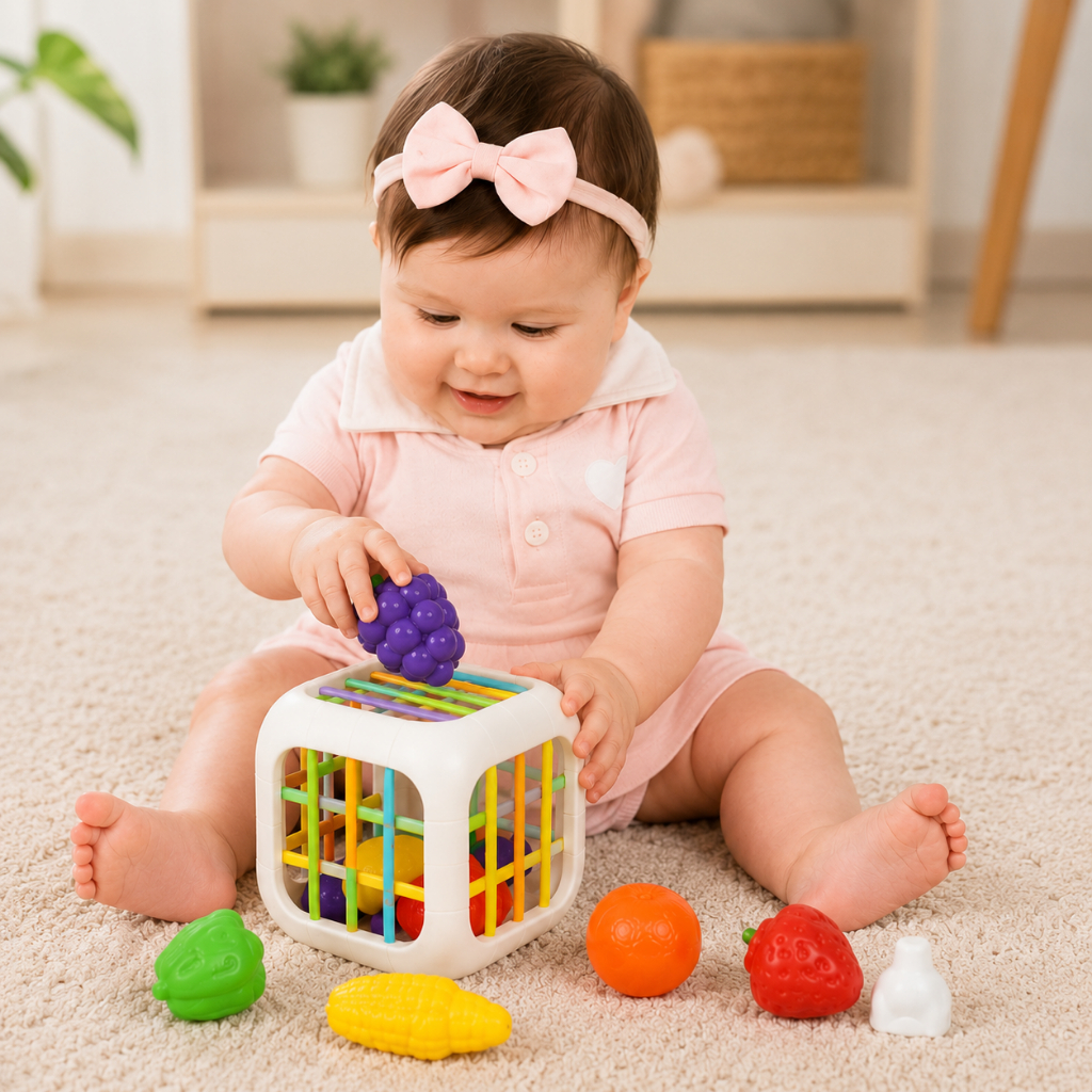Cubo Sensorial Infantil Montessori das Frutinhas Brinquedo Educativo Colorido Interativo Para Bebê