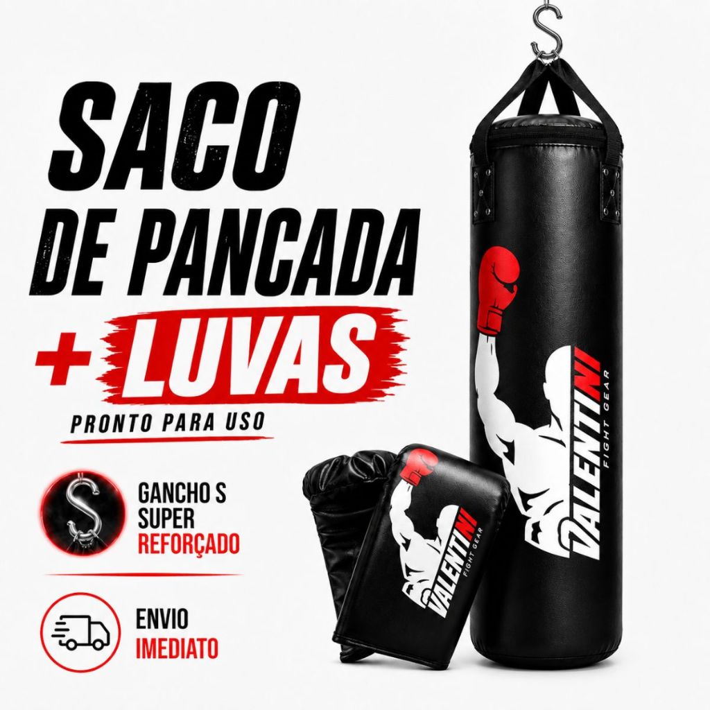 Saco de Pancada 90 cm VALENTINI - Treino Boxe Muay Thai  - Profissional + Luva Bate Saco Preta