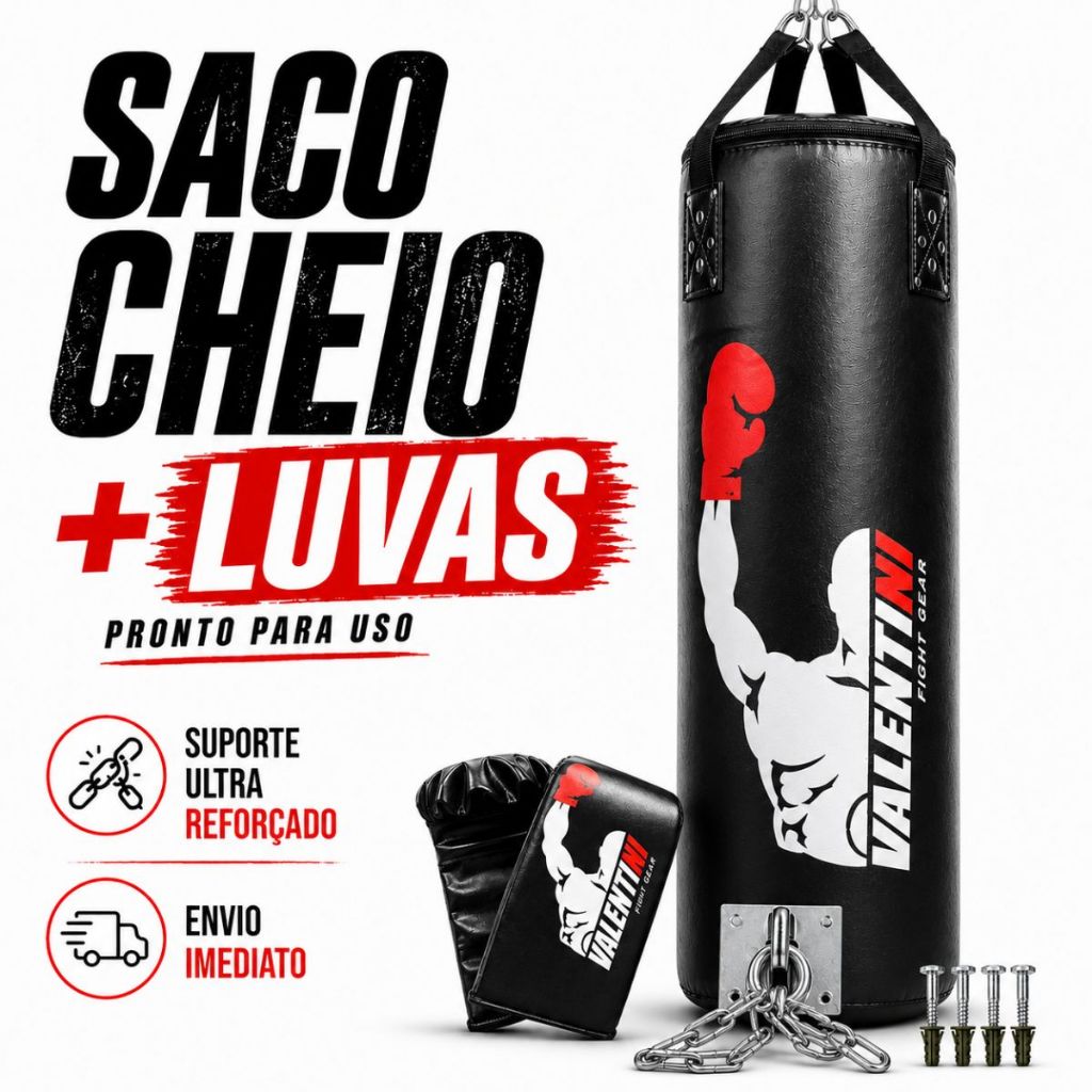 Saco de Pancada VALENTINI 120 cm  CHEIO - Treino Boxe Muay Thai  + 1 PAR DE LUVA BATE SACO + Suporte Teto