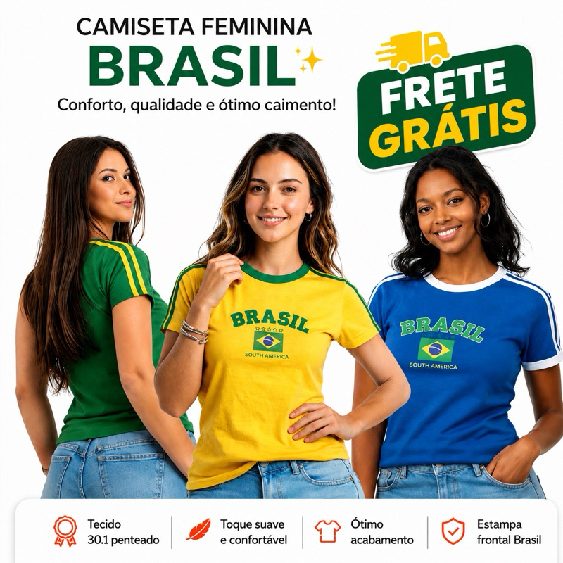 Camiseta Baby Look Feminina Brasil 🇧🇷 100% Algodão | Copa do Mundo | T-Shirt Feminina