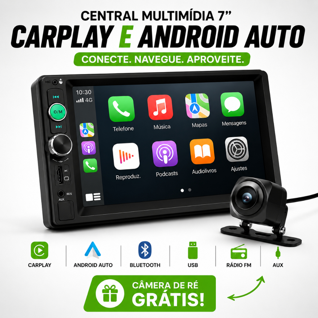 Central Multimídia 2 Din 7" Polegadas CarPlay Android Auto via Cabo Câmera de Ré + Bluetooth  Som Automotivo