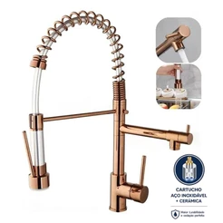 Torneira Gourmet de Cozinha Monocomando com Mola Extensível e Saída Dupla em Ouro Rosé Elegante Yesop