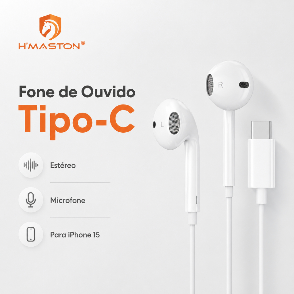 Fone de Ouvido Tipo-C H'maston EAR-02 Com Fio Microfone Estéreo Para iPhone 15 Celular