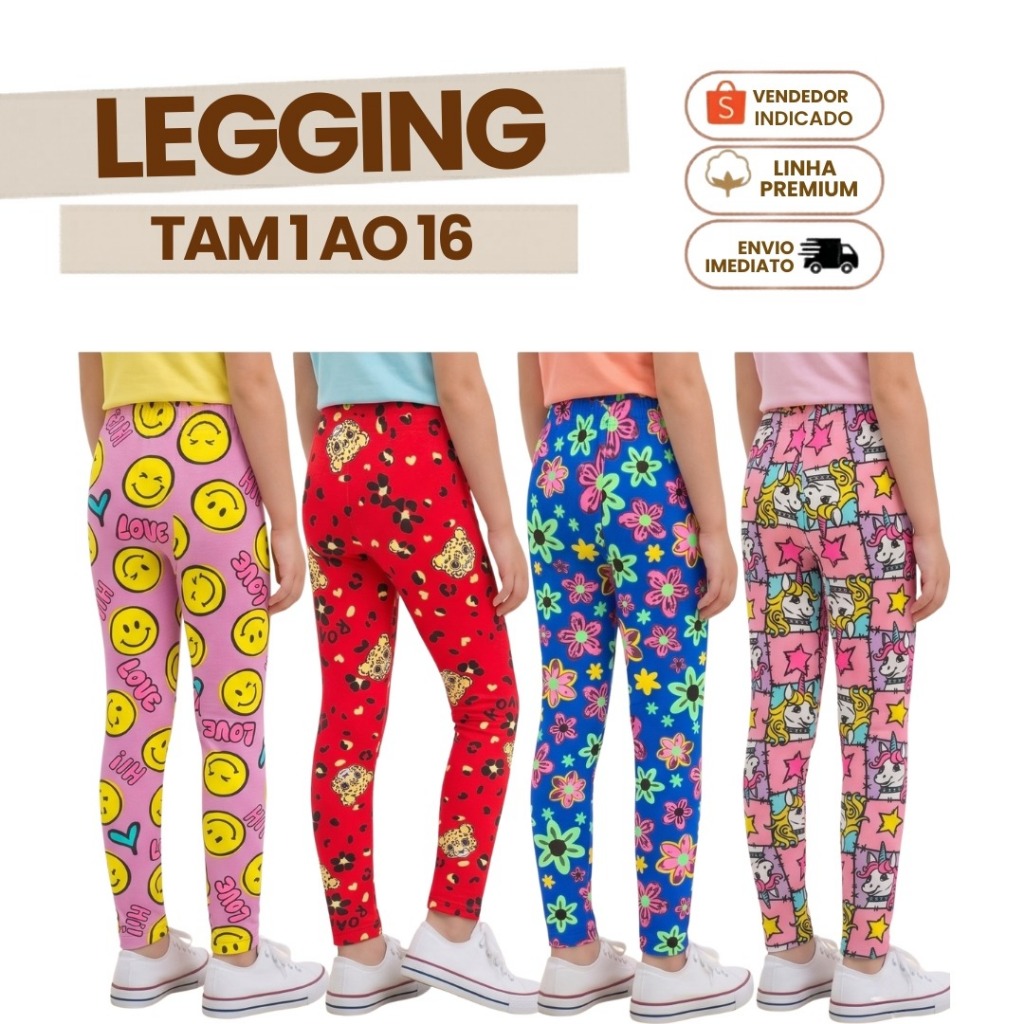 Kit 5 Calça Infantil Feminina Legging Algodão Lisa ou Estampada Roupa de Menina Sortidas 1 ao 16 ano