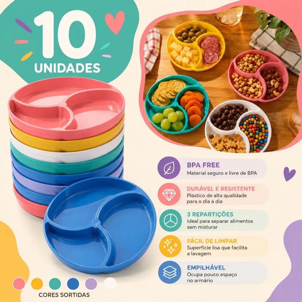 Kit 10 Mini Petisqueiras Aperitivo Pestisco 3 Divisórias