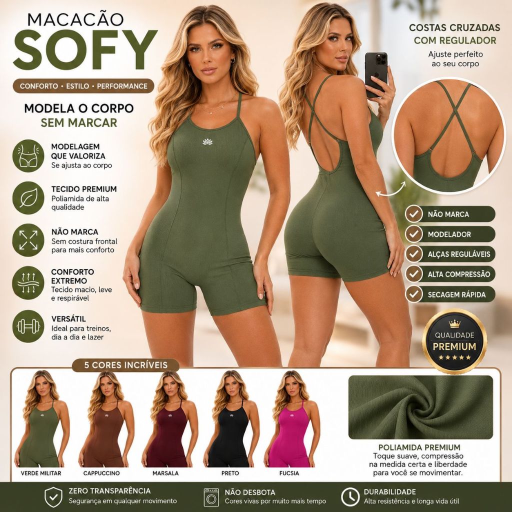 Macaquinho Feminino Curto Fitness Premium Sem Transparência Modelador Costa Cruzada com Regulador Academia Treino