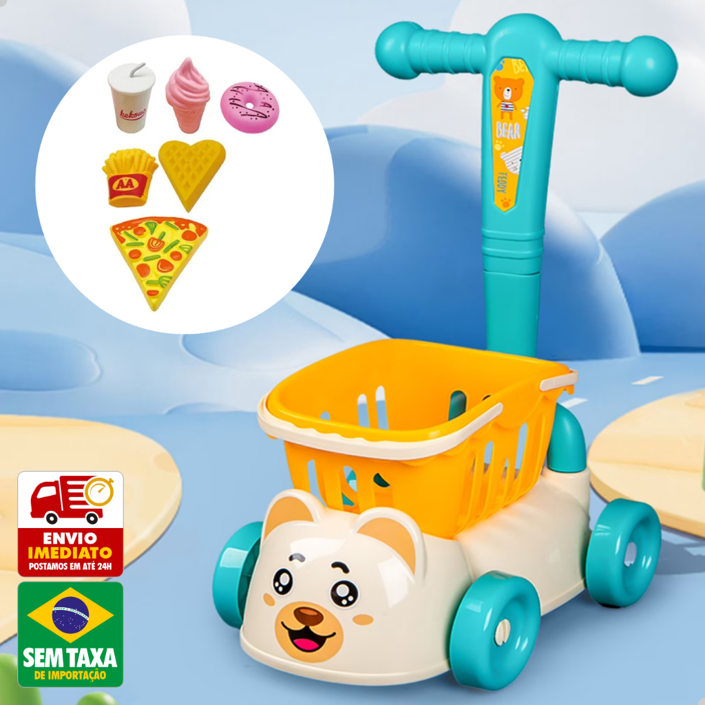 Andador Bebê Infantil com Carrinho Mercado Cestinha Removível e Comidinhas Brinquedo 43cm