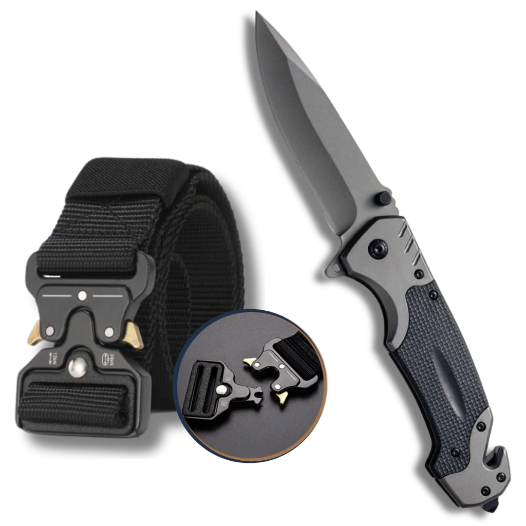 Cinto Tático Militar Fivela Metal Engate Rápido + Canivete De Bolso Aço Caça Pesca