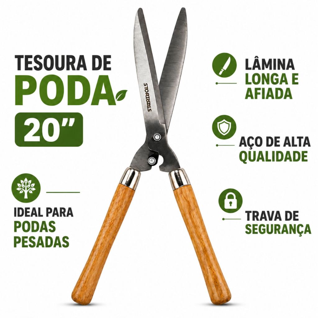 Tesoura Jardinagem Jardim Poda Podar Plantas Grande 20" Pol Cabo Madeira Resistente