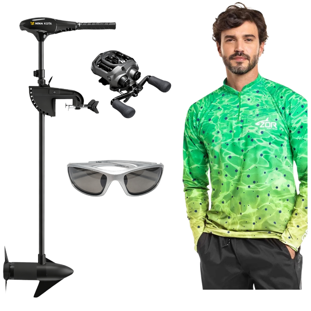 Kit Pescaria Completo Carretilha Esquerda + Motor Elétrico 30lb Barco + Camiseta Proteção UV + Óculos Polarizado