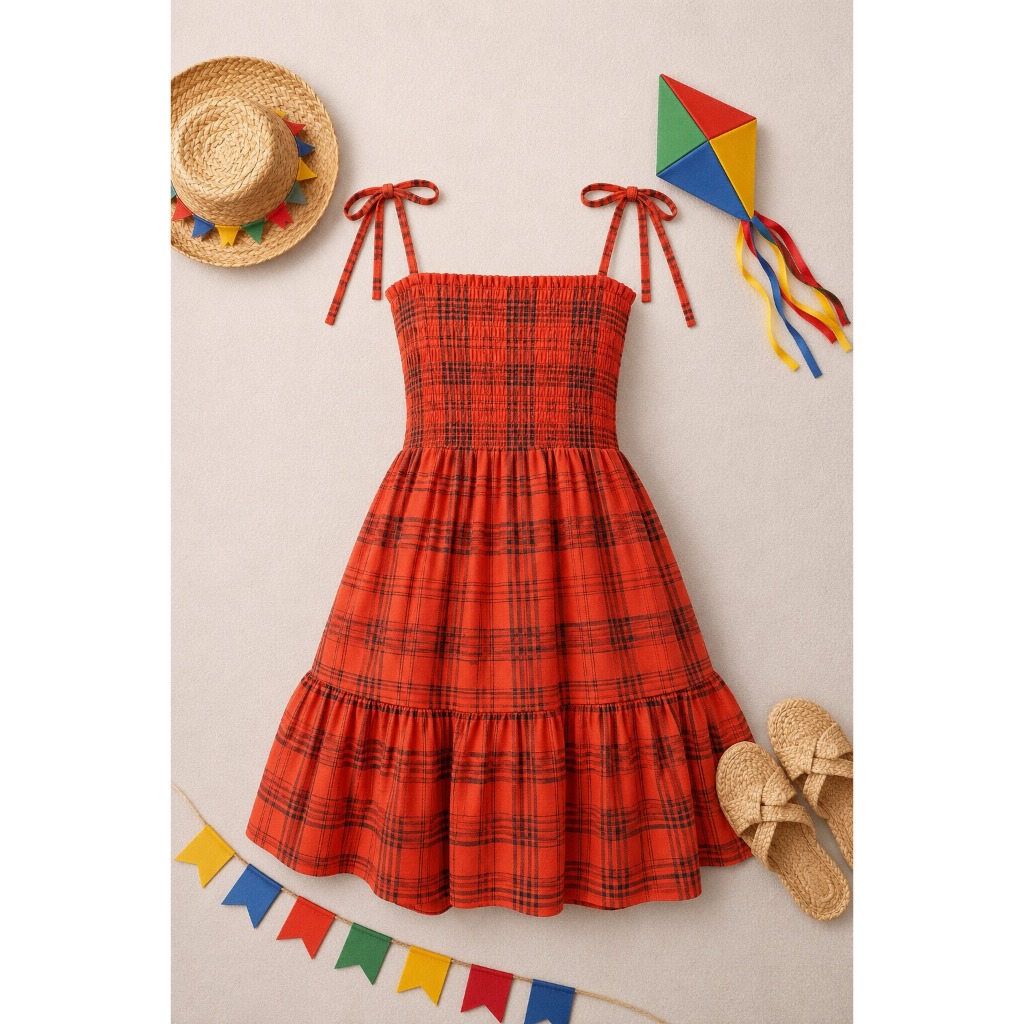Vestido Festa Junina Xadrez Feminino Festa com Babado Estilo Casual Rodado Modelagem Solta
