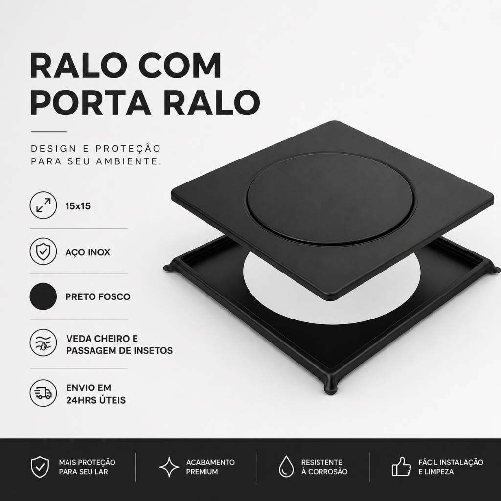 Ralo Click Inteligente 15x15 Preto Matte Para Piso de Banheiro Lavabo + Porta Ralo Click Preto Matte