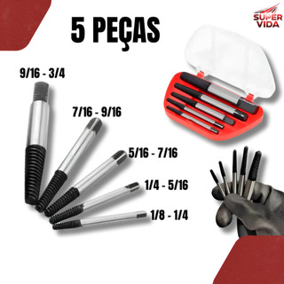 Kit Extrator de Parafuso Espanado com Estojo Portátil 5/6 Peças Aço Carbono 3-22mm para Mecânica