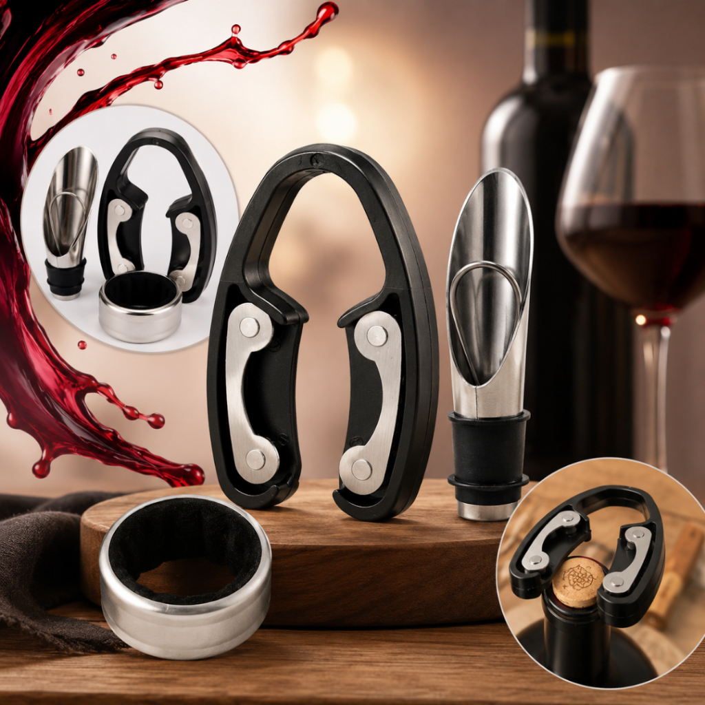 Kit para Vinho Jogo de Acessórios 3 Peças Para Vinho Bico Dosador Aerador com Tampa Cortador de Lacres Anel Corta Gotas