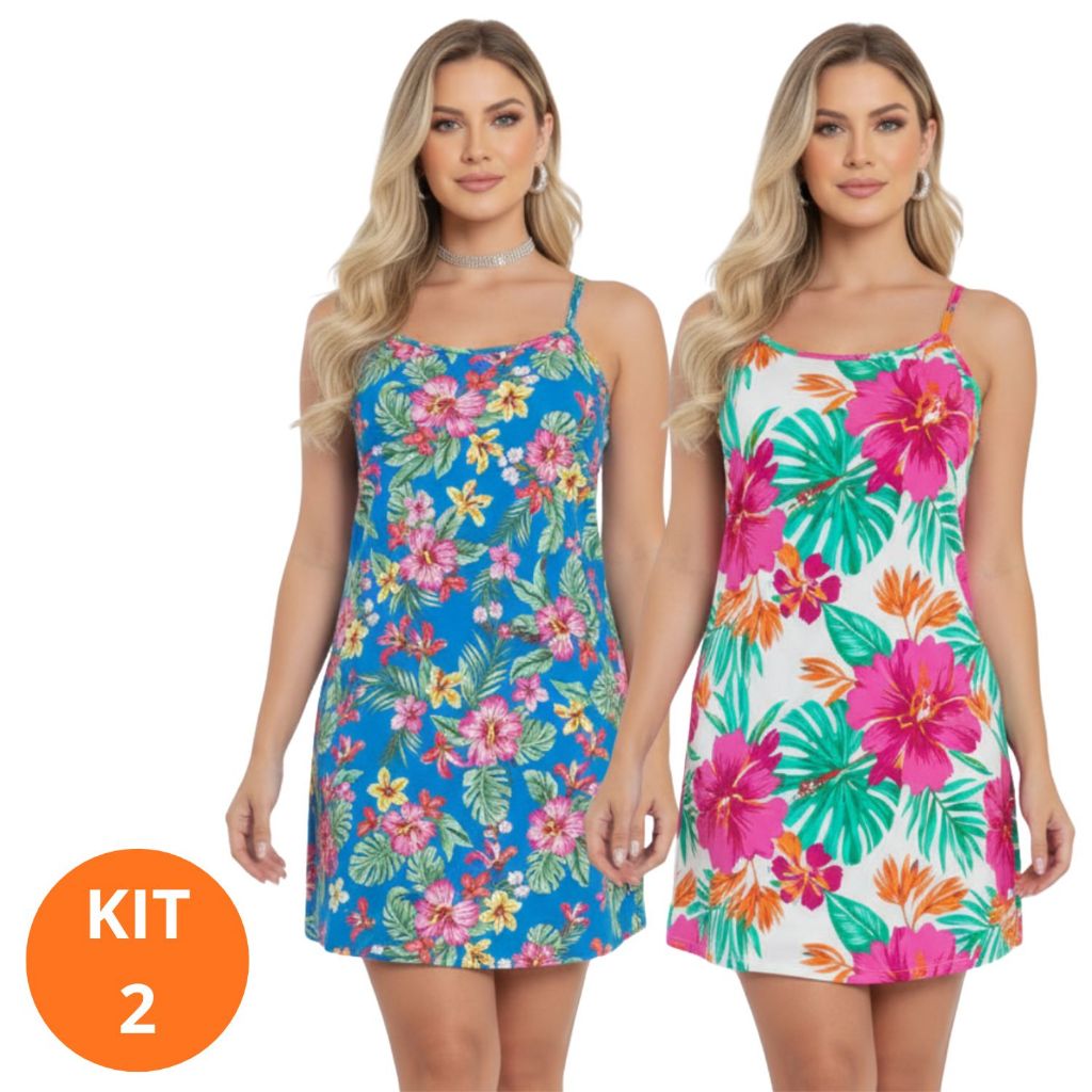 Kit 2 vestidos femininos liganete estampados tamanhos P ao GG cores e estampas variadas