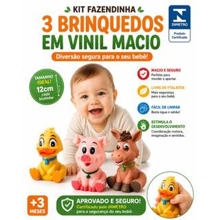 Kit 3 Brinquedos Mordedor Bebê Vinil Macio Fazendinha Brinquedo Animais da Fazenda