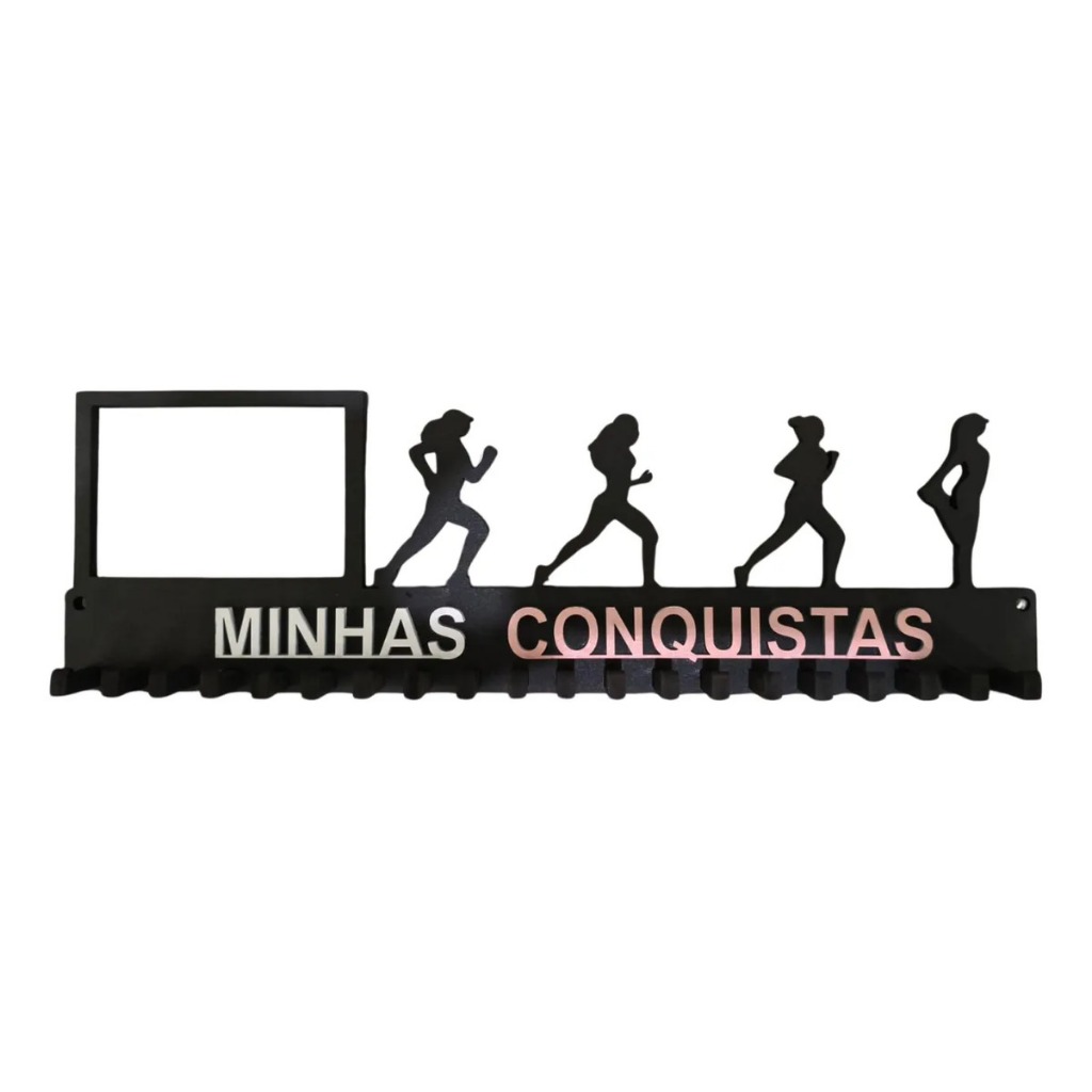 Quadro Porta Medalha Corrida Feminino com foto Rosa Mdf Preto 6mm 20 ganchos