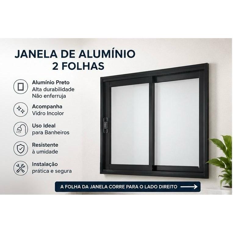 Janela com vidro para Banheiro 2 folhas em Alumínio Preto - 60X60