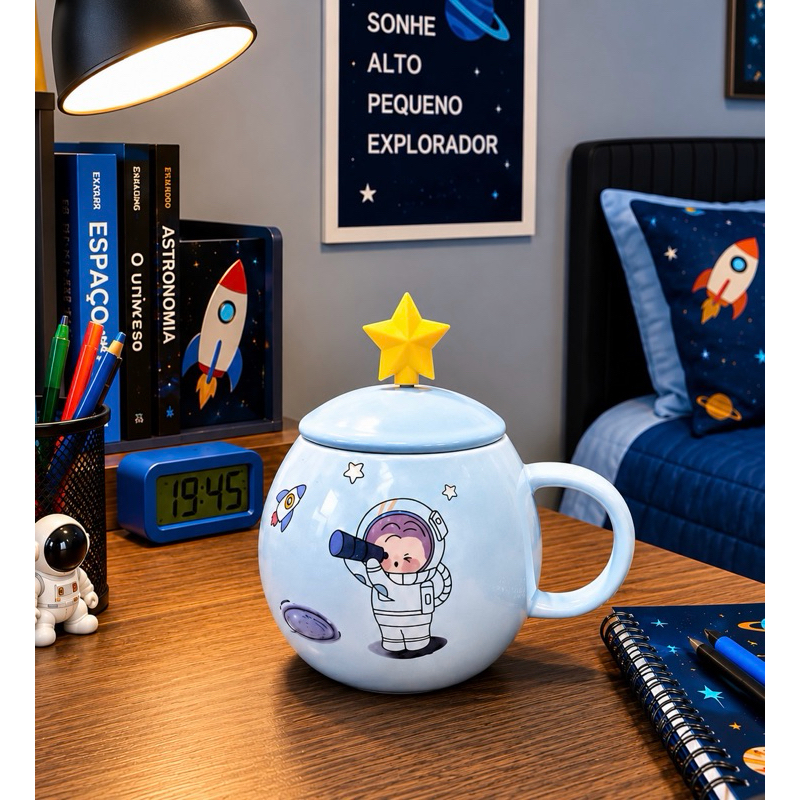 Caneca Porcelana Astronauta com Tampa e Colher Estrela – 350 mlTema Espaço