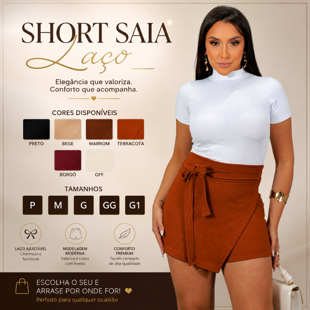 Short Saia Feminino Laço Frontal Detalhe Assimetrico Cintura Alta