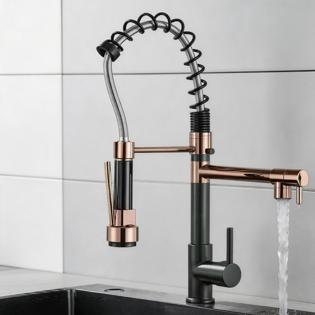 Torneira de Cozinha de Bancada Mola Retrátil Aço Inox 304 Cromada Monocomando Água Fria e Quente Spray 360°