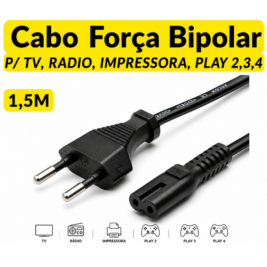 Cabo de Energia Força Bipolar TV, Impressora, Radio, PS2 PS3, PS4