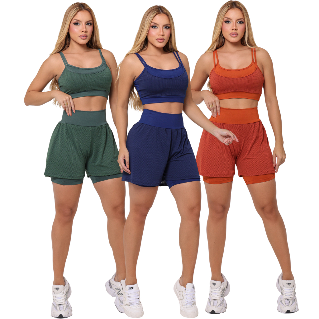 KIT 3 Conjuntos Fitness Feminino Cropped Alcinha Short Duplo Modelador Academia Várias Cores P Ao GG