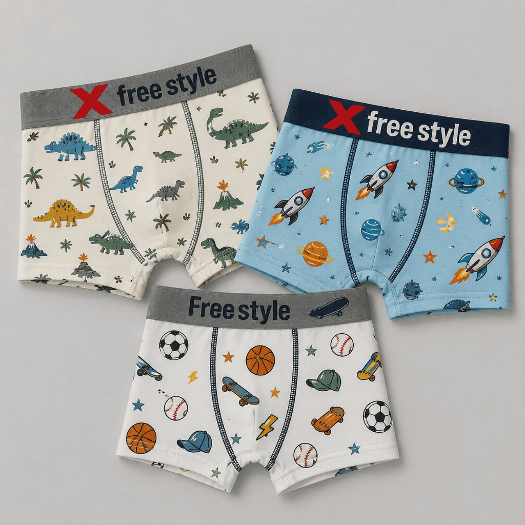 Kit 3 Cuecas Boxer Infantil Meninos Estampas Sortidas Tecido de Algodão Confortável