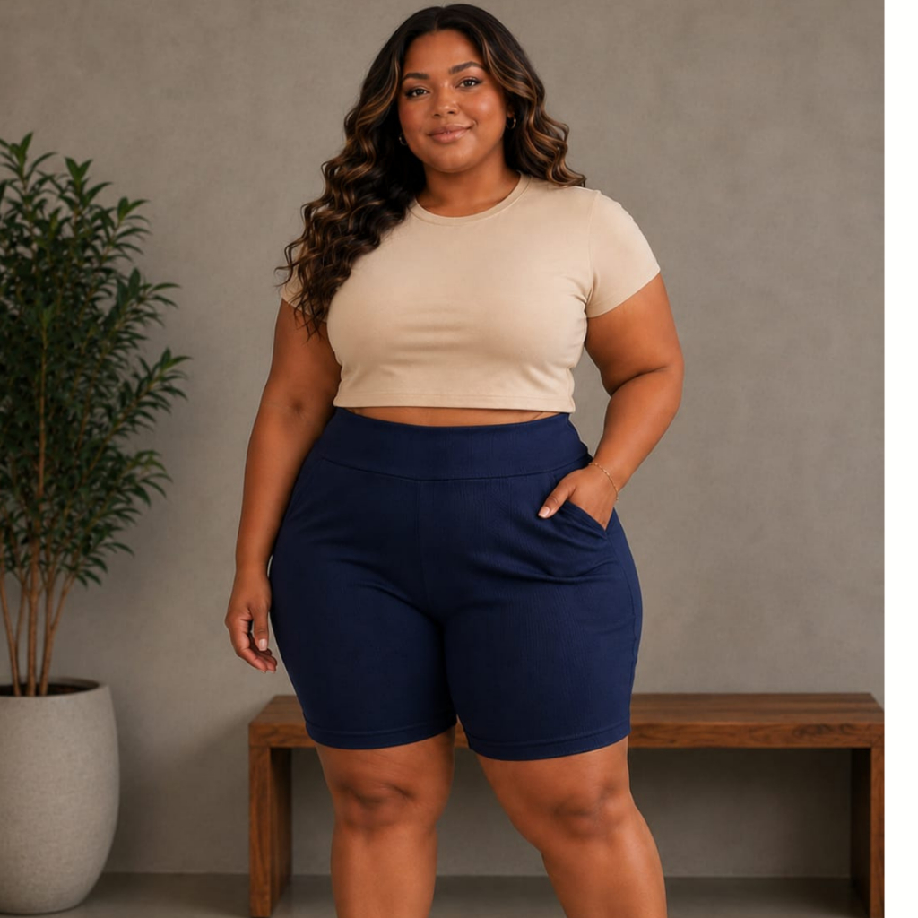 Bermuda Feminina Malha Bolso Cintura Alta Casual Dia a Dia Confortavel Short Longo