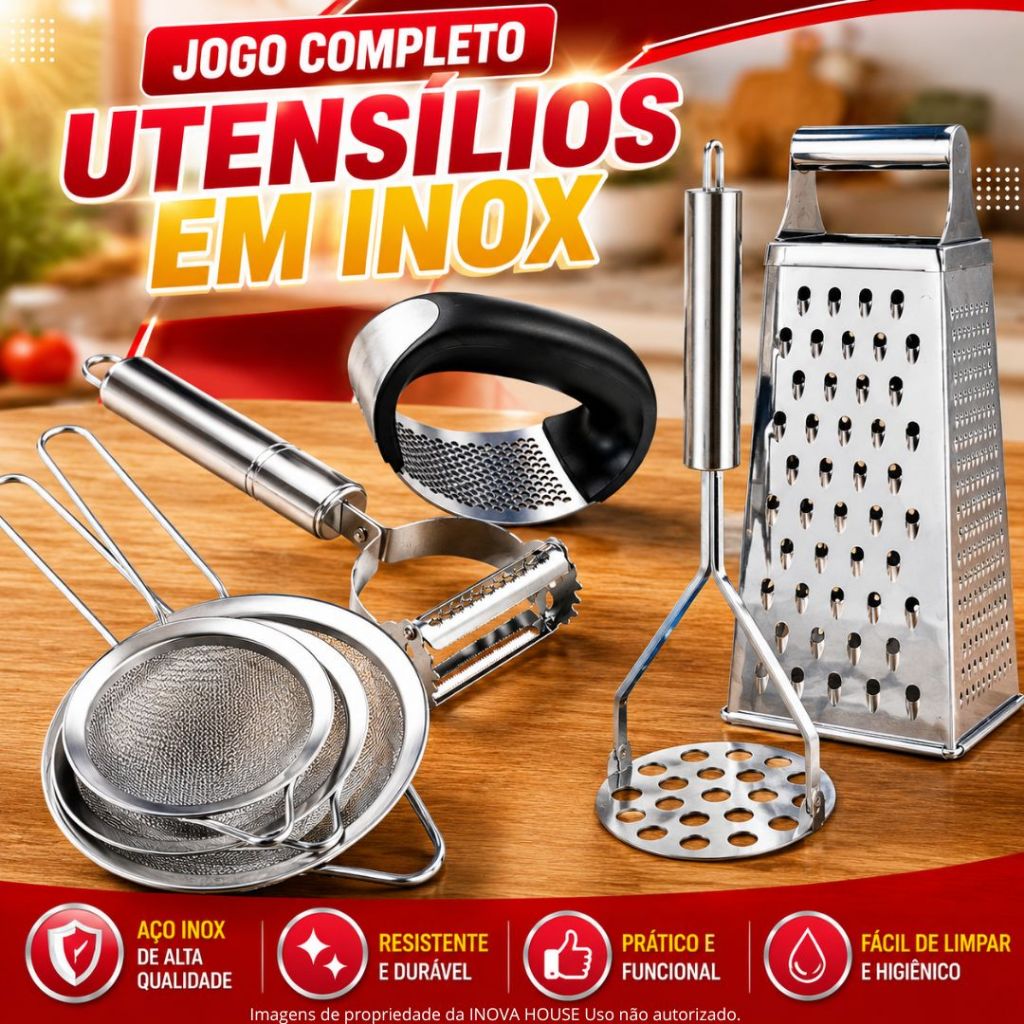 Kit Ralador Descascador de Legumes Peneira Espremedor e Triturador de Alho Amassador Inox Cozinha