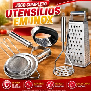 Kit Ralador Descascador de Legumes Peneira Espremedor e Triturador de Alho Amassador Inox Cozinha